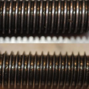 upper part of photos shows the end of the cross-feed screw.  Bottom shows the wear in the main use area.  Almost .080 of backlash.